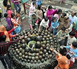 Devotees perform worship of Shivalingam on the occasion of 'Maha Shivratri' in New Delhi on Wednesday. PTI