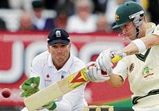 TIMELY KNOCK: Australias Michael Clarke cuts on his way to an unbeaten century on the fourth day of the second Ashes Test against England at Lords.