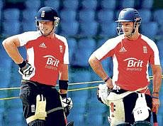 PONDERING THEIR CHANCES: England skipper Andrew Strauss (right) and Ian Bell during a net session ahead of their World Cup quarterfinal match against  Sri Lanka in Colombo on Friday. DH Photo/ P SAMSON VICTOR