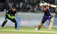 Kolkata Knight Riders Jacques Kallis plays a shot  against Somerset during their Champions League Twenty20 match in Hyderabad on Sunday. PTI