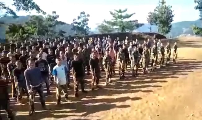 Naga youths lined up in a recruitment camp of a rebel group somewhere in Nagaland. (DH photo)