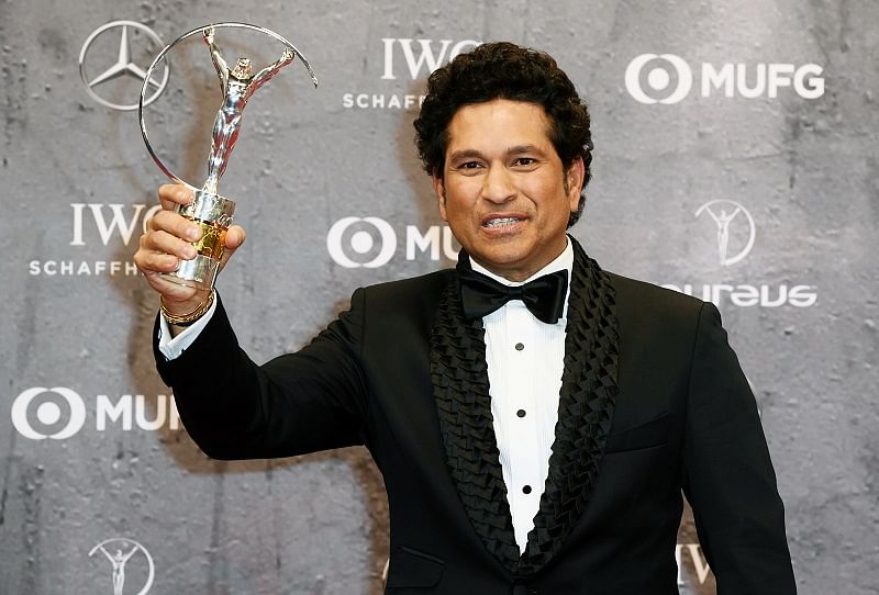 Sachin Tendulkar poses after winning the Laureus Best Sporting Moment award for "Carried on the shoulders of a nation" during the Laureus World Sports Awards 2020 in Berlin, Germany. (Reuters Photo)