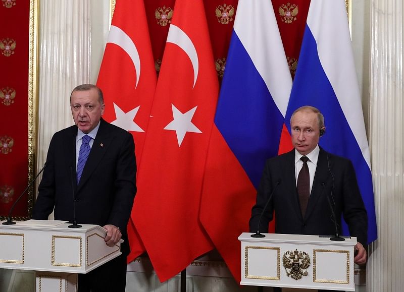 Russian President Vladimir Putin and Turkish President Tayyip Erdogan attend a news conference following their talks in Moscow, Russia. (Reuters Photo)