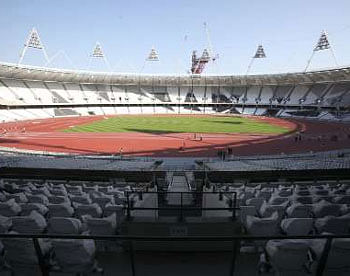 The completed athletics track is seen inside the London 2012 Olympic Stadium in this photograph received in London on October 3, 2011. REUTERS