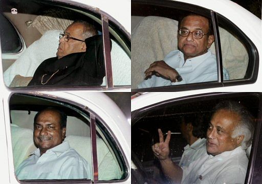 Clockwise from top left- Union Ministers Pranab Mukherjee, P Chidambaram, Jairam Ramesh and A K Antony leave after a meeting with UPA Chairperson Sonia Gandhi at 10 Janpath in New Delhi on Tuesday. PTI Photo by Vijay Verma