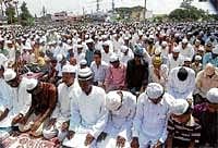 Faith: Muslims offering prayers in Kolar on Monday.