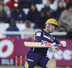 Brendon McCullum of the Kolkata Knight Riders plays a shot during a match of the Champions League T20 (CLT20) between the Auckland Aces and the Kolkata Knight Riders at the Newlands Stadium in Cape Town on October 15, 2012. AFP PHOTO
