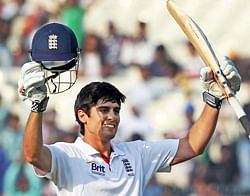 England skipper Alastair Cook celebrates his century during Day 2 of the 3rd Test Match against India at Eden Garden in Kolkata on Thursday. PTI
