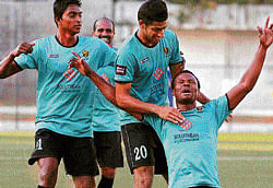 CELEBRATION TIME : Hindustan FCs Andrea Silva (right)  celebrates with team-mates after scoring against Luangmual FC on Friday. DH PHOTO/ KISHOR&#8200;KUMAR&#8200;BOLAR