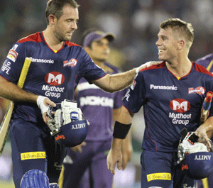 Delhi Daredevils cricketers celebrate after they beat Kolkota Knight Riders in an IPL6 match in Raipur on Wednesday. PTI Photo