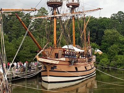 The Susan Constant, a replica of Christopher Newport's ship docked in the harbor. This was the largest of the three ships which carried settlers for the Virgina Company.  Wikipedia Image