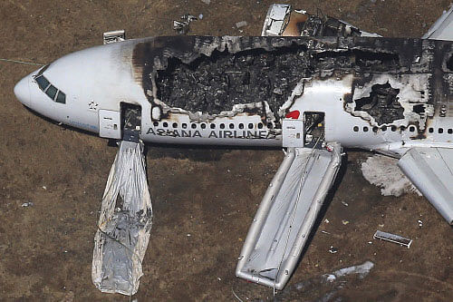 An aerial view of an Asiana Airlines Boeing 777 plane is seen after it crashed while landing at San Francisco International Airport in California reuters image