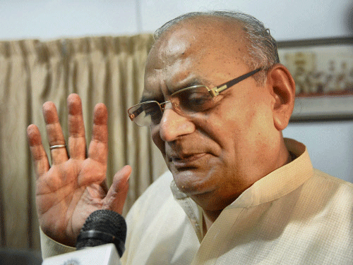 Madhya Pradesh Finance Minister Raghavji addressing media persons after his resignation over allegations of sodomy on domestic help, in Bhopal on Friday. PTI Photo