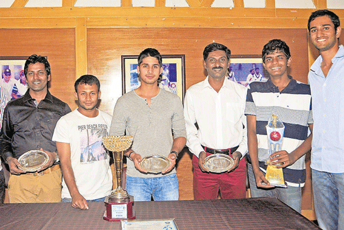 victors: FUCC awardees (from left): Sunil Raju (best all-rounder, FUCC (1), AR Mahesh (best all-rounder & long term playing award, FUCC-2), N Nirmith (best fielder, FUCC-1), Kunal  Kapoor (best batsman & best scorer, FUCC-1), B Naveen (best bowler & long term playing award, FUCC-1), Likith Bannur (promising youngster, FUCC-2), AS Sri Krishna (best batsman, FUCC-2). dh photo