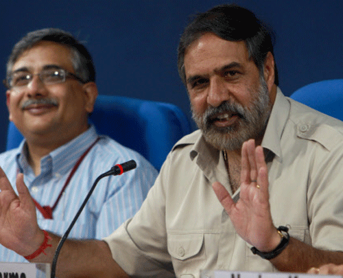 Union Minister for Commerce & Industry, Anand Sharma addresses a Press Conference in New Delhi on Tuesday. Secretary, Department of Industrial Policy and Promotion (DIPP) Saurabh Chandra is also seen. PTI Photo