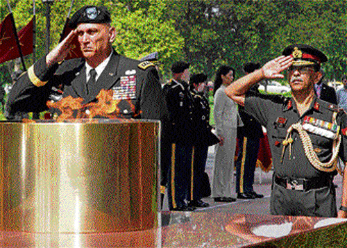 US Army chief General Raymond T Odierno pays tribute at Amar Jawan Jyoti at India Gate in  New Delhi on  Wednesday. PTI