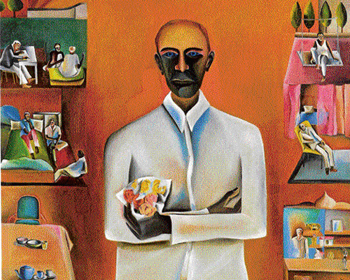 creation: Bhupen Khakhar's 'Man with a Bouquet of Plastic Flowers'.