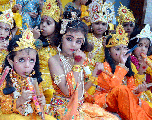 Children dressed up as Lord Krishna participating in fancy dress competition during Sri Krishna Janamshtami festival celebration in Mathura on Tuesday. PTI Photo