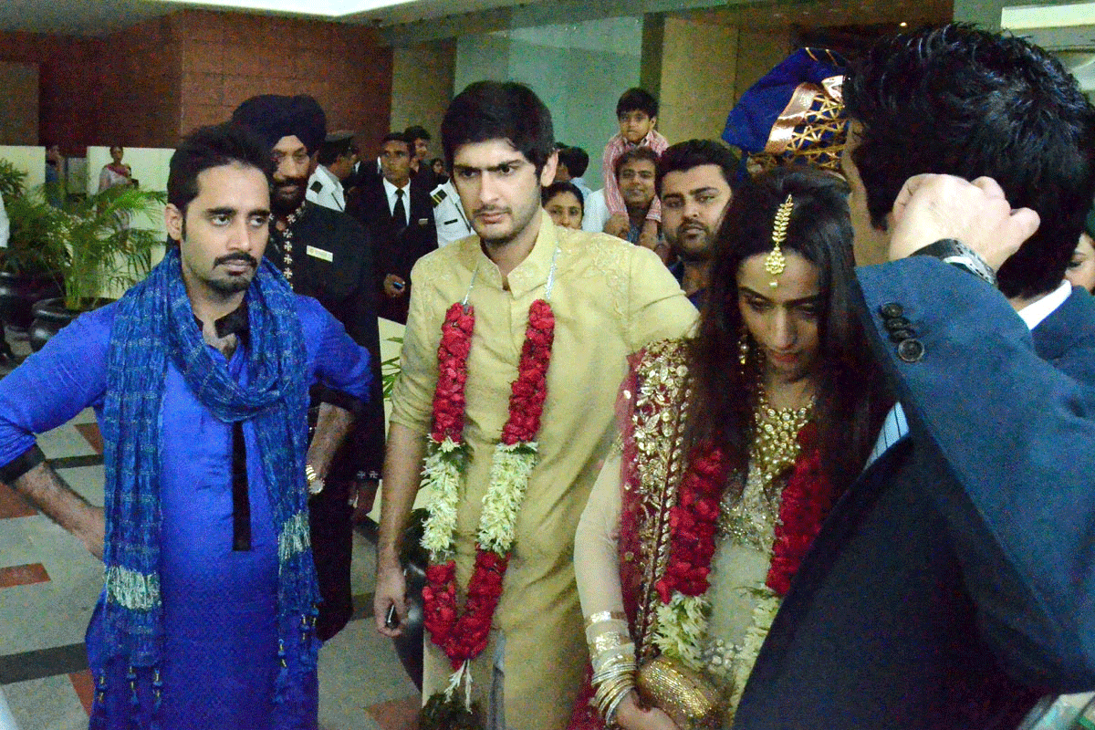 Groom Kanv Pratap Singh along with his bride soon after the wedding at Taj Hotel in Chandigarh on Friday.