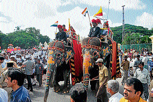 Palace elephants that were decked up and paraded during the Jain community procession in Mysore on Tuesday.  dh photo