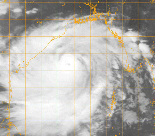 This image provided by the U.S. Naval Research Lab shows Indian Cyclone Phailin taken Friday Oct. 11, 2013 at 6:32 a.m. EDT (10:32 GMT). Officials ordered tens of thousands of coastal villagers to flee their homes Friday as a massive cyclone _ so large it filled nearly the entire Bay of Bengal _ gathered strength and headed toward India's eastern seaboard. The Indian Meteorological Department warned that Phailin was a 'very severe cyclonic storm' that was expected to hit with maximum sustained winds of 210-220 kilometers (130-135 miles) per hour. Forecasters are saying Cyclone Phailin will hit the region Saturday evening. (AP Photo/Naval Research Lab)
