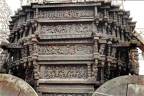 set in stone (Above) An exquisitely carved ratha. (Below) A panel depicting the legend of Kukke.  (Photos by the author)