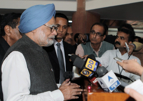 Prime Minister Manmohan Singh addressing the media after attending an all-party meeting, convened by the Speaker Meira Kumar, ahead of the Budget session of Parliament in New Delhi on Tuesday. PTI Photo