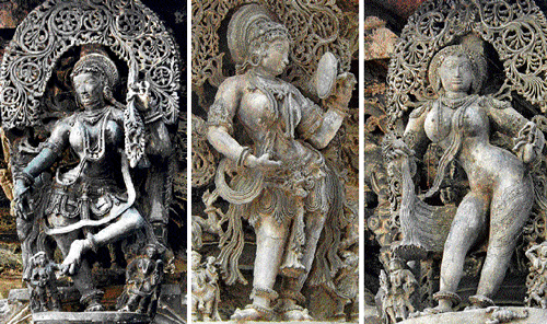 elegant structures: (From left) Dwibhuja Sharade; Padanguleeyadhare; Surasundari with mirror; Nagna Sundari; Shukha Mayuri. Photos by the author