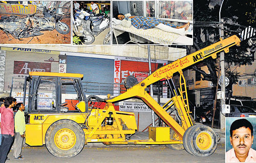 The crane that was involved in the accident near Nagarbhavi in Bangalore on Monday. (Inset from top left) The mangled remains of the bike, the other damaged vehicles being seized by the traffic police, Nagaraj P S who was injured in the incident. (Right bottom) Chengal Raj Setty who was killed on the spot.  DH photo