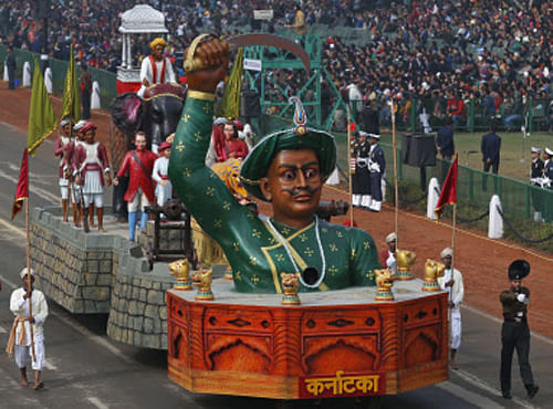 A tableau depicting the might of Indian historical figure Tipu Sultan moves past during full dress rehearsals for the Republic Day parade, in New Delhi, AP file photo
