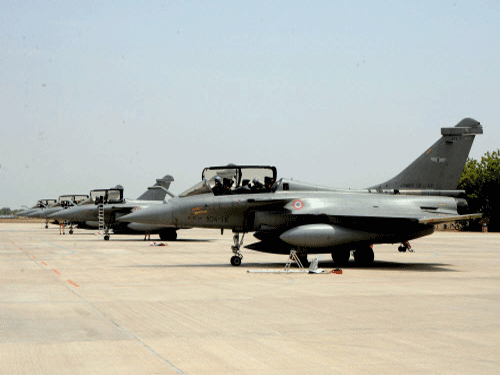 French Air Force's Rafael aircrafts lined up on the tarmac prior to an operational mission of Indo-French Exercise Garuda-V in Jodhpur. PTI Photo