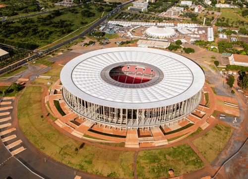 This Feb. 10, 2014, file photo released by Portal da Copa shows an aerial view of the Mane Garrincha stadium in Brasilia, Brazil. Mane Garrincha is a football stadium and multi-purpose arena that will host games during the 2014 FIFA World Cup soccer tournament. AP