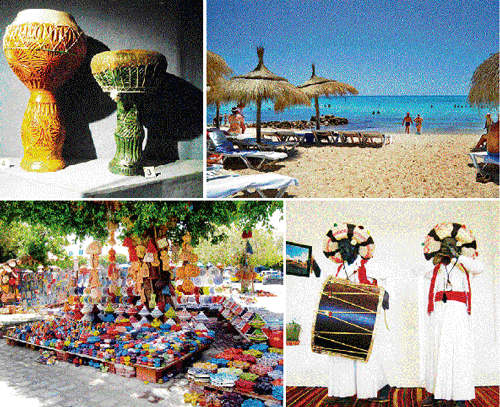 A good mix: (Clockwise from top left) Traditional Tunisian clay and goat skin 'darbuka' drums on display; a scenic beach on the  island; models of Berber musicians of Jerba, Tunisia; Berber pottery. Photos by author