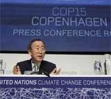 UN Secretary-General Ban Ki Moon at a press conference in Copenhagen Saturday after the final session of the climate conference lasted through the night. AP