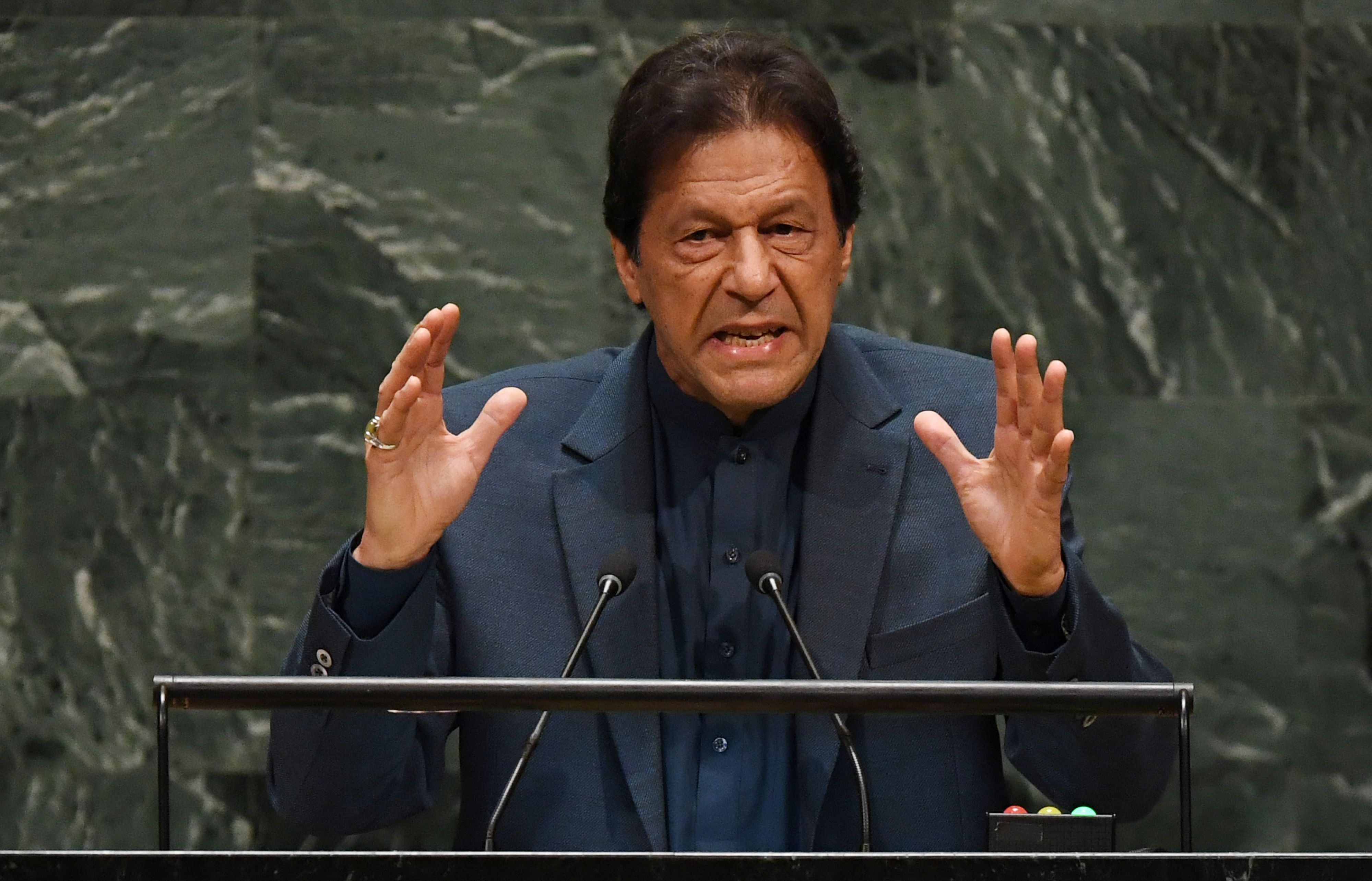 Pakistani Prime Minister Imran Khan speaks during the 74th Session of the General Assembly at UN Headquarters in New York. (AFP Photo)