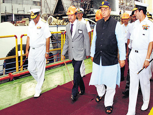 Defence Minister Arun Jaitley and Navy chief Admiral R K Dhowan reviewed the progress in the Scorpene project at the Mazgaon dock in Mumbai, officials said the systems of the first submarine are being 'set to work', which means bulk of the manufacturing is over and what is left now is virtually tightening the nuts and bolts. PTI photo