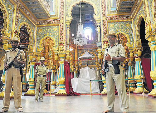 The Golden Throne was brought out from the strong room and assembled at the Durbar Hall, at Amba Vilas Palace, in Mysore, on Thursday. Heavy security is in place. DH Photo
