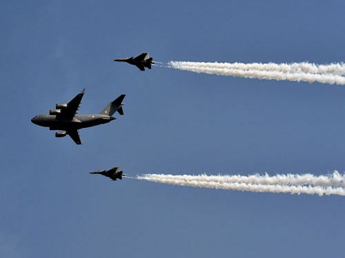 IAF aircrafts fly past during the full dress rehearsal for the Air Force Day Parade, at Air Force Station Hindon in Ghaziabad. Prime Minister Narendra Modi today saluted the air force personnel on Air Force Day saying they are the nation's pride and their bravery and commitment continues to inspire.