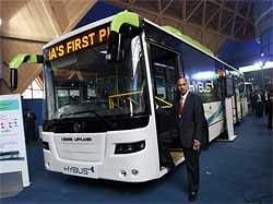 R. Seshasayee, Managing Director, Ashok Leyland, at the launch of Hybus, India'sfirst plug in CNG Hybrid bus, at 10th Auto Expo 2010 at Pragati Maidan in New Delhi on Wednesday. PTI