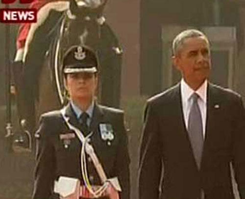 Wing Commander Puja Thakur led the ceremonial guard of honour for US President Barack Obama at  Rashtrapati Bhavan on Sunday. TV grab