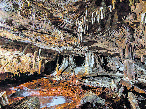 Stalactite formations inside a cave..