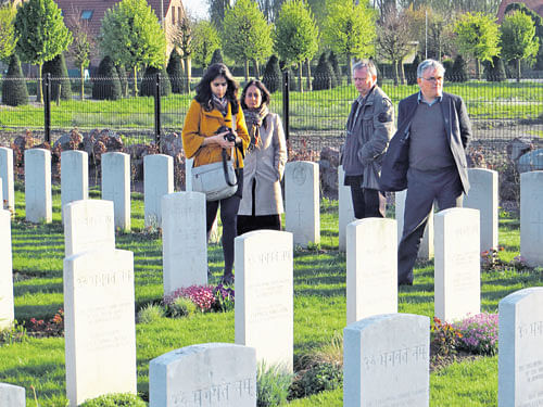 Author Vedica Kant (left) at the Indian War Memorial in  Neuve Chapelle, France.