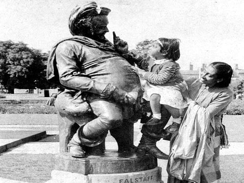 Looking Back:The author with her mother next to the statue of Falstaff at Stratford-upon-Avon.