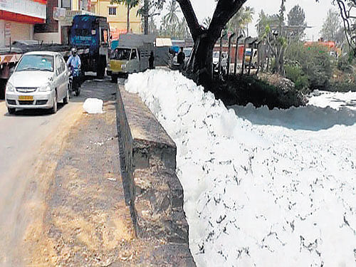 Foam brims out of Varthur lake. DH&#8200;photo