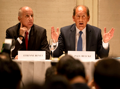 Paul Bulcke, CEO of Nestle, right, and Nestle India Ltd. managing director Etienne Benet talk to journalists during a press conference in New Delhi, India, Friday, June 5, 2015. AP photo