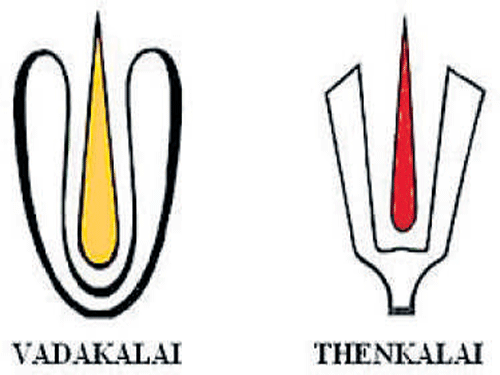 As per the Vadakalai tradition the namam is white U shaped with a yellow paste in the middle. In the Thenkalai tradition the namam of the deity was Y shaped with a Red line tilak in the middle .