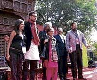 Pakistan human rights activist Asma Jahangir, writer Ali Sethi (in red scarf) and others at the Jaipur Literature Festival on Saturday.
