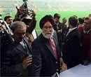 Sports Minister M.S. Gill (C) inaugurates the reconstructed Dhyan Chand National Hockey Stadium in New Delhi on Sunday. AFP