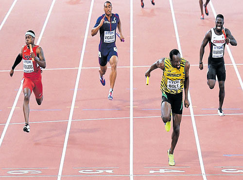 DOMINANT SHOWS: (Clockwise from top): Usain Bolt faces little challenge while anchoring Jamaica to the 4x100M relay gold at the World Championships in Beijing on Saturday.