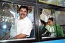 Different Experience: Transport Minister R Ashok travelling in a BMTC bus from Jayanagar to Vidhana Soudha on the occasion of Bus Day on Thursday. DH Photo